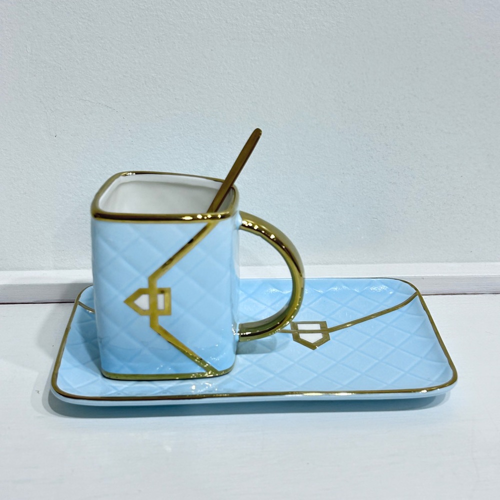 Handbag-Shaped Ceramic Coffee Mug Set w/ Saucer‎ & Spoon Cute Unique Coffee Cup